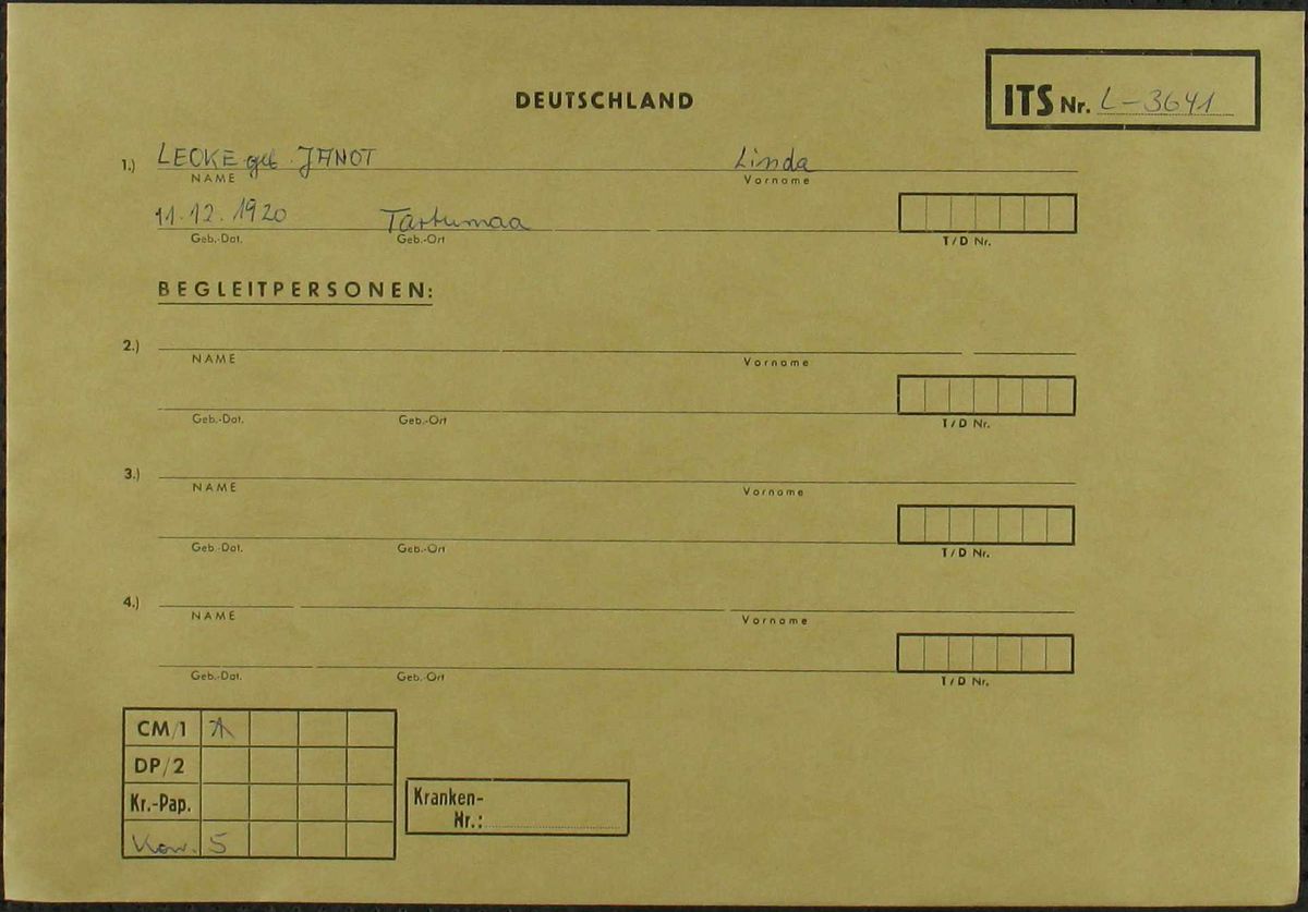 Scan of Linda Leoke: Arolsen file envelope L-3641