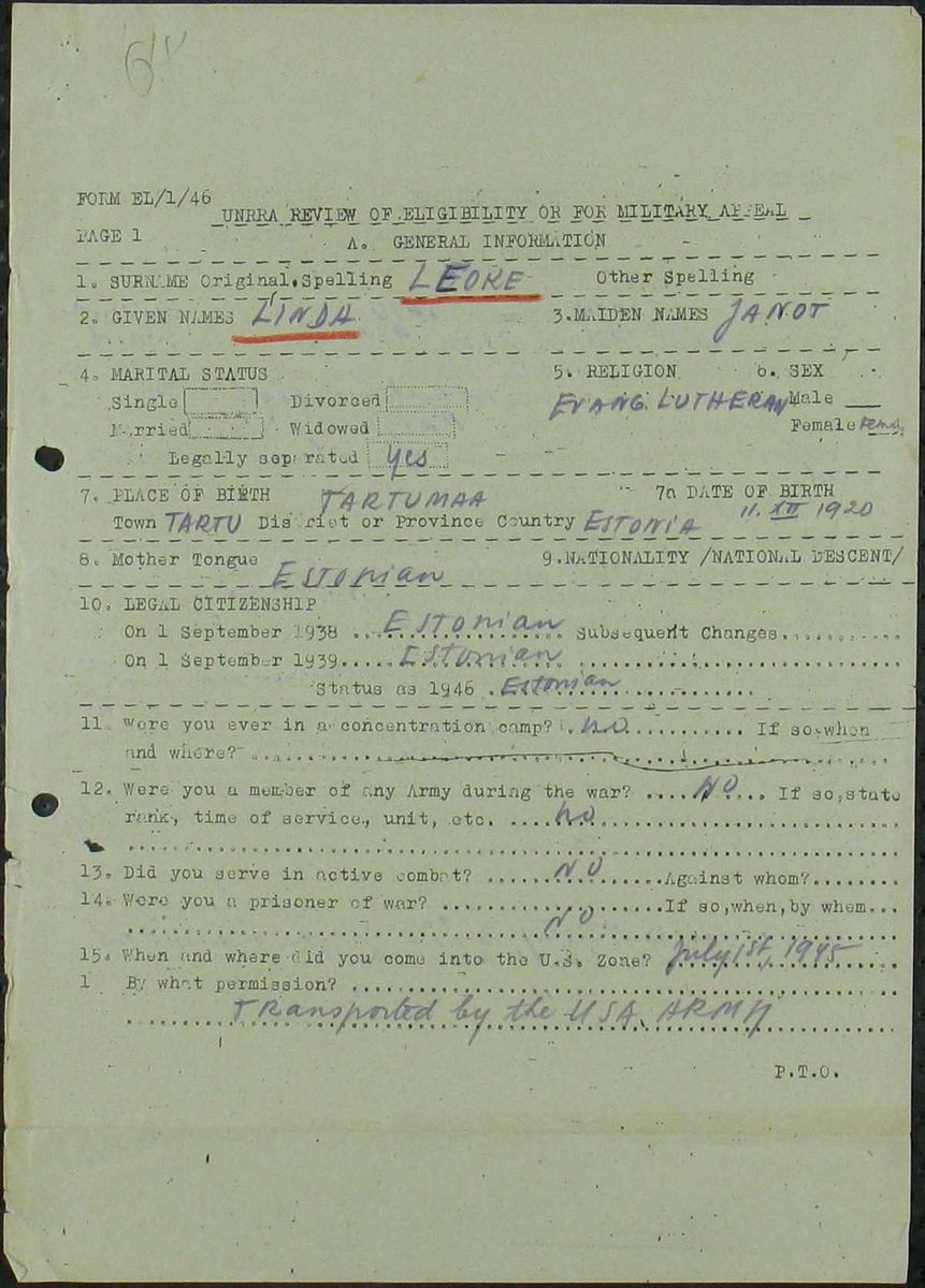 Scan of Linda Leoke: UNRRA eligibility review p1