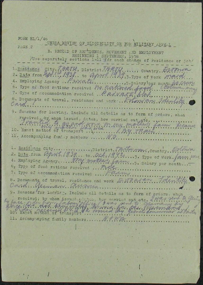 Scan of Linda Leoke: UNRRA review p2, Tartu, mother's farm, deported 1942