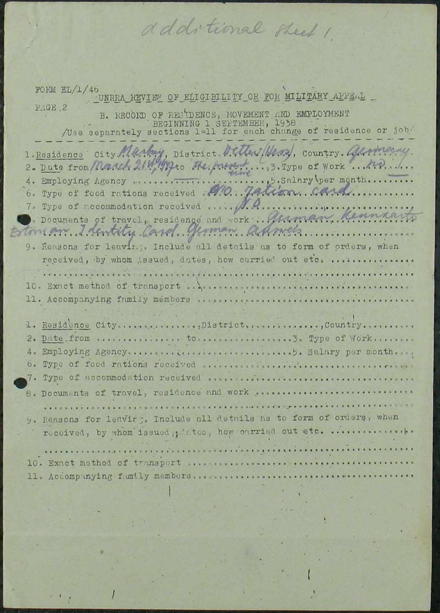 Scan of Linda Leoke: UNRRA review additional sheet, Marburg 1947