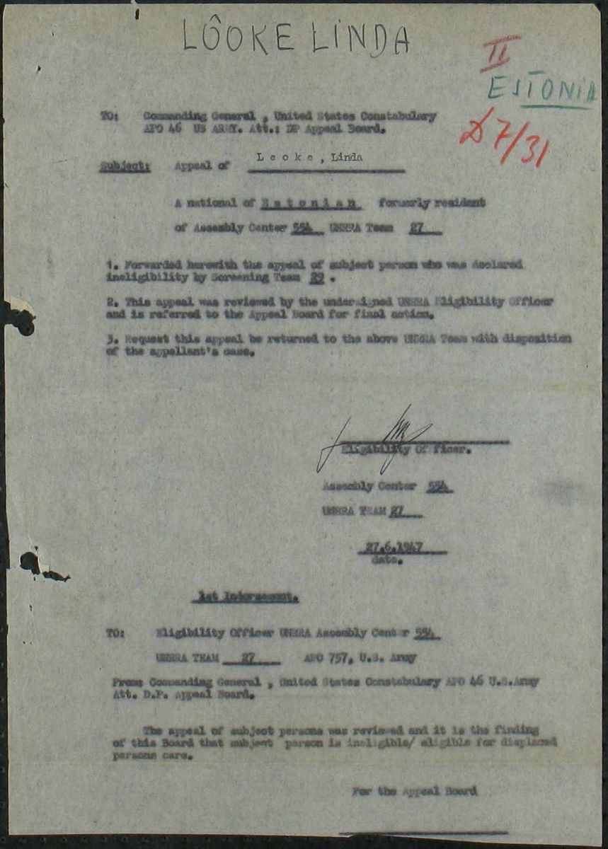 Scan of Linda Leoke: DP appeal 1947, headed Looke Linda