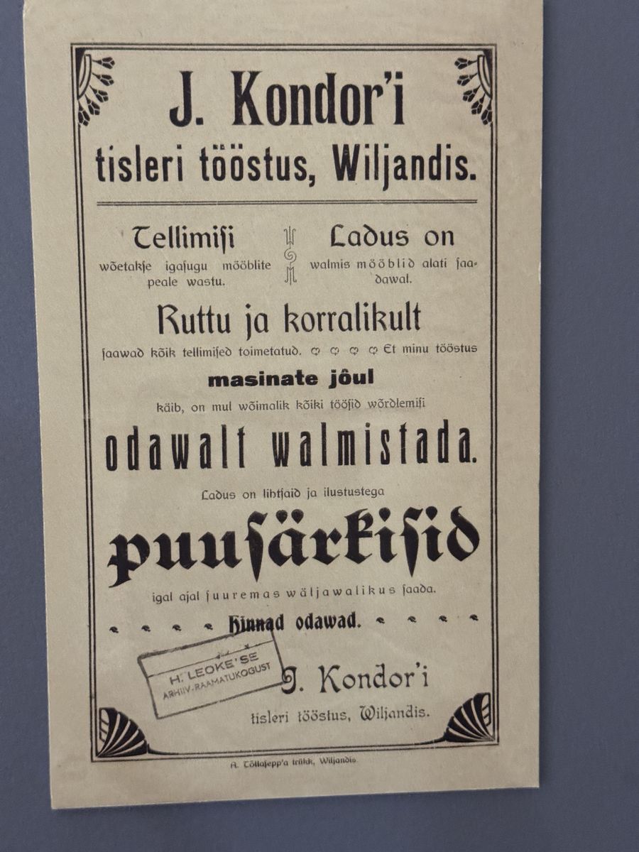 Viljandi Museum display, set 3 no. 13: J Kondor joinery advert: Leoke stamp