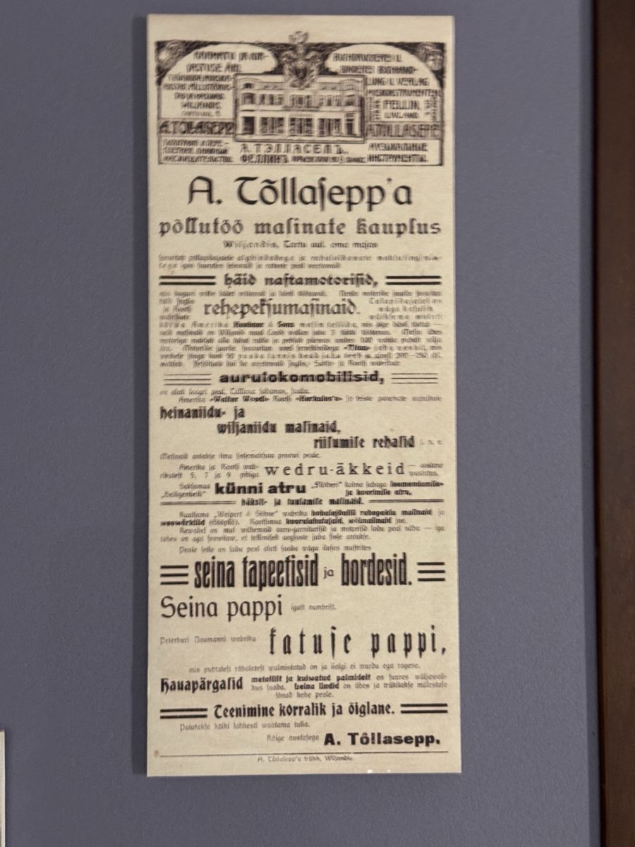 Viljandi Museum display, set 3 no. 19: A Tollasepp advert: Tartu 9