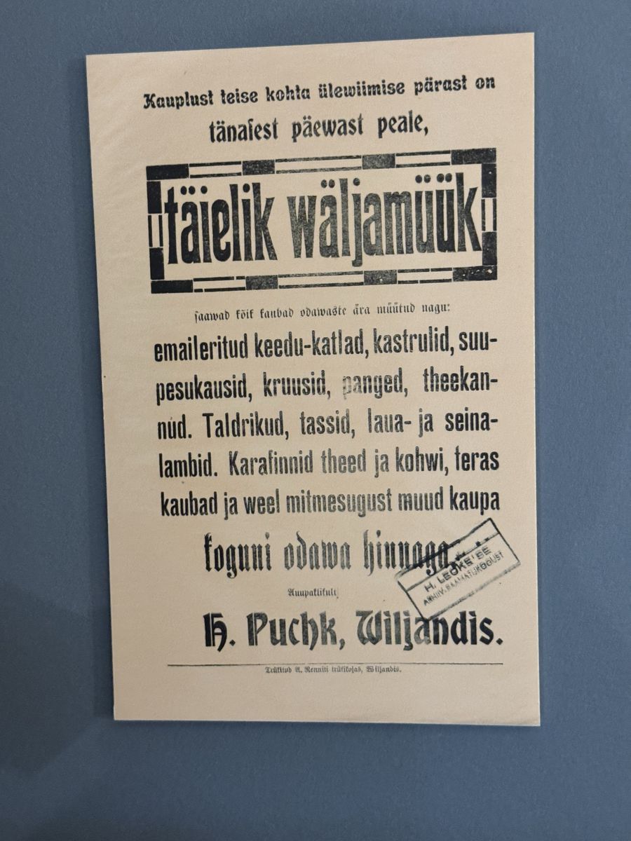 Viljandi Museum display, set 4 no. 3: H Puchk clearance sale: Leoke stamp
