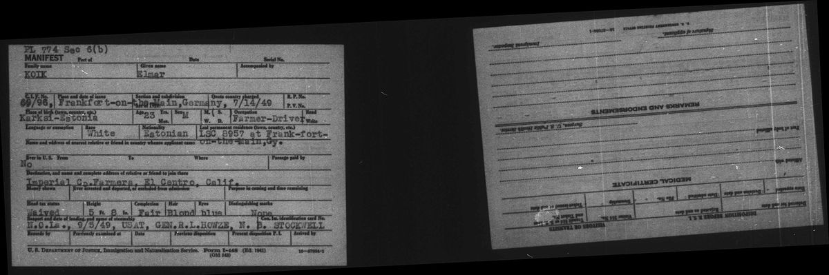 Scan of Elmar Koik’s arrival card, New Orleans, 1949