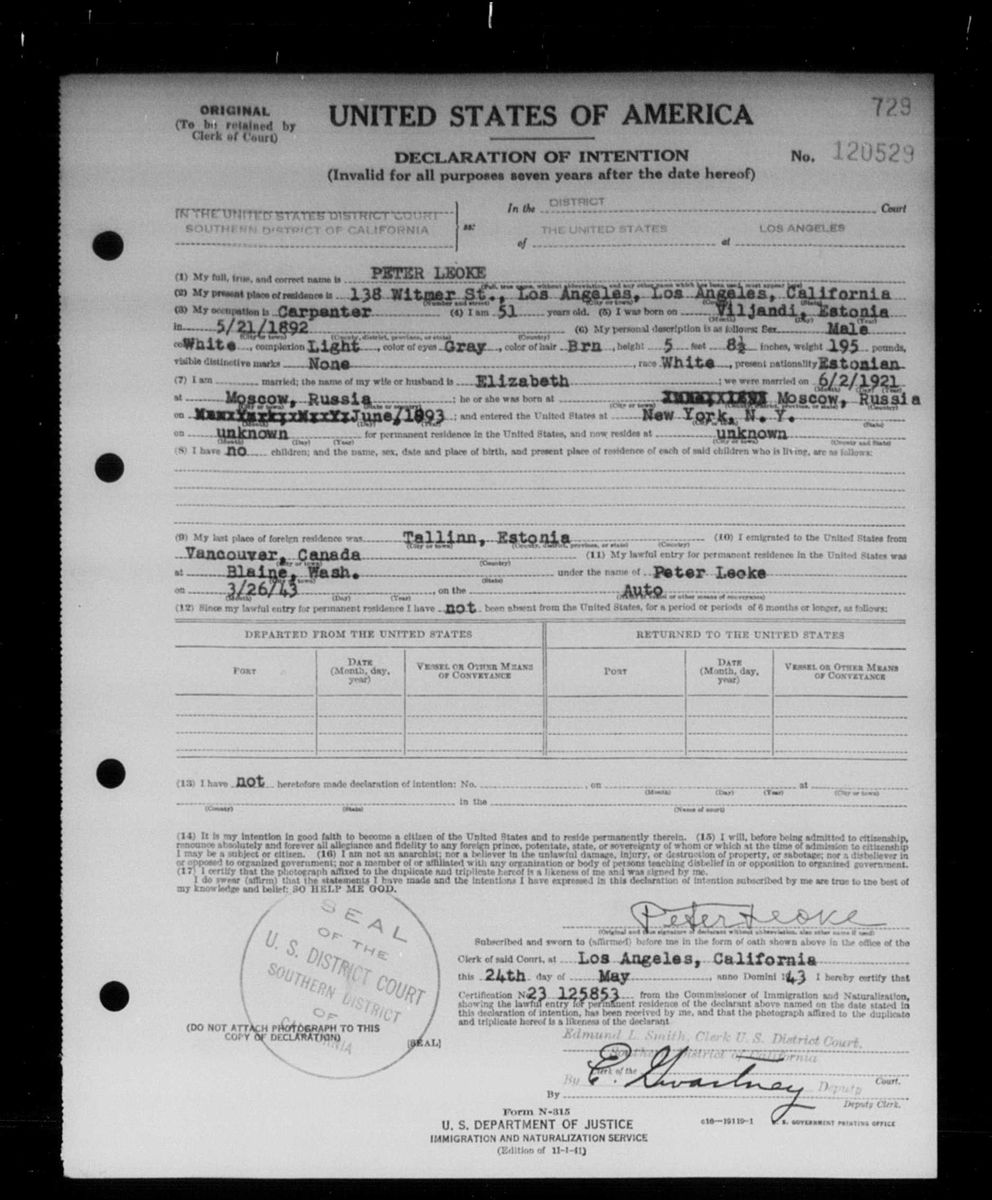 Scan of Declaration of intention 1943: Peter Leoke