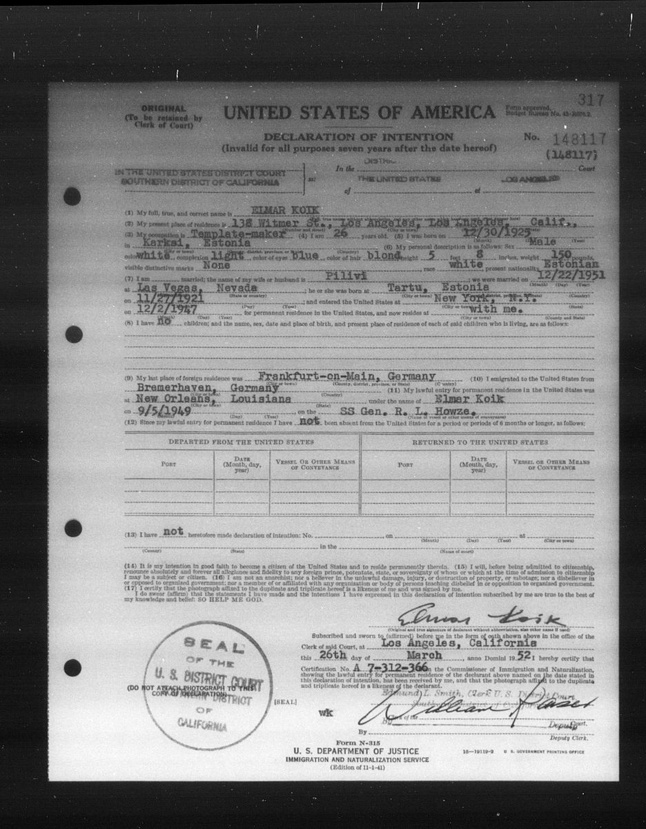 Scan of Declaration of intention 1952: Elmar Koik