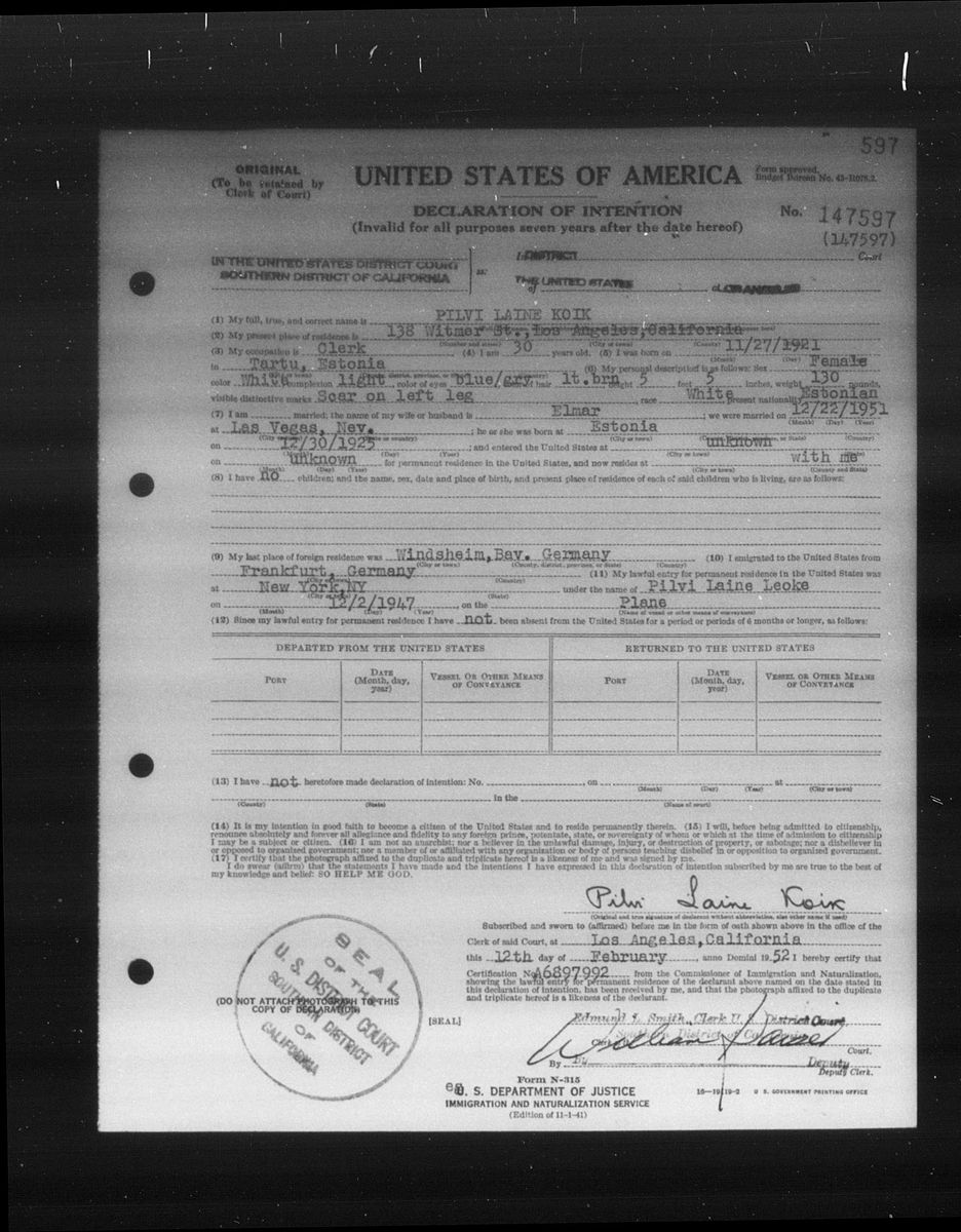 Scan of Declaration of intention 1952: Pilvi Laine Koik