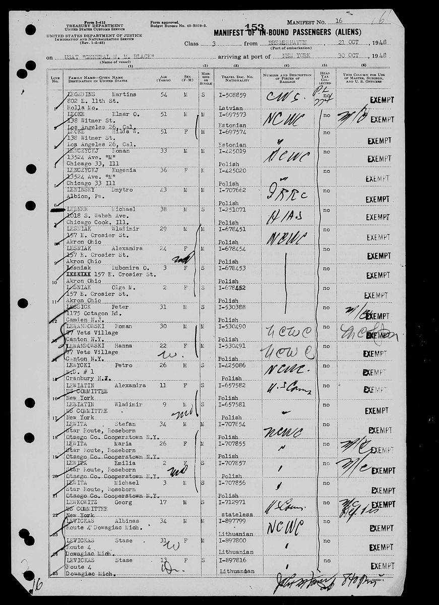 Scan of Manifest of the General W. M. Black, New York, 30 October 1948