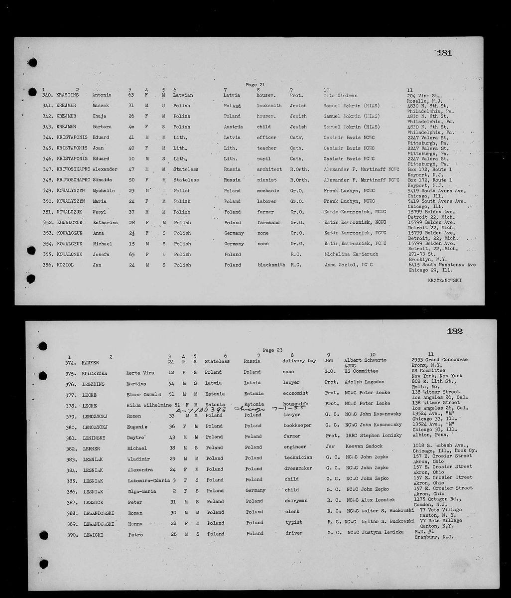 Scan of Emigration list pp181-182: Elmer Oswald and Hilda Leoke, sponsor Peter Leoke; penciled "[number withheld] Chicago 7-1-55" between lines 378 and 379