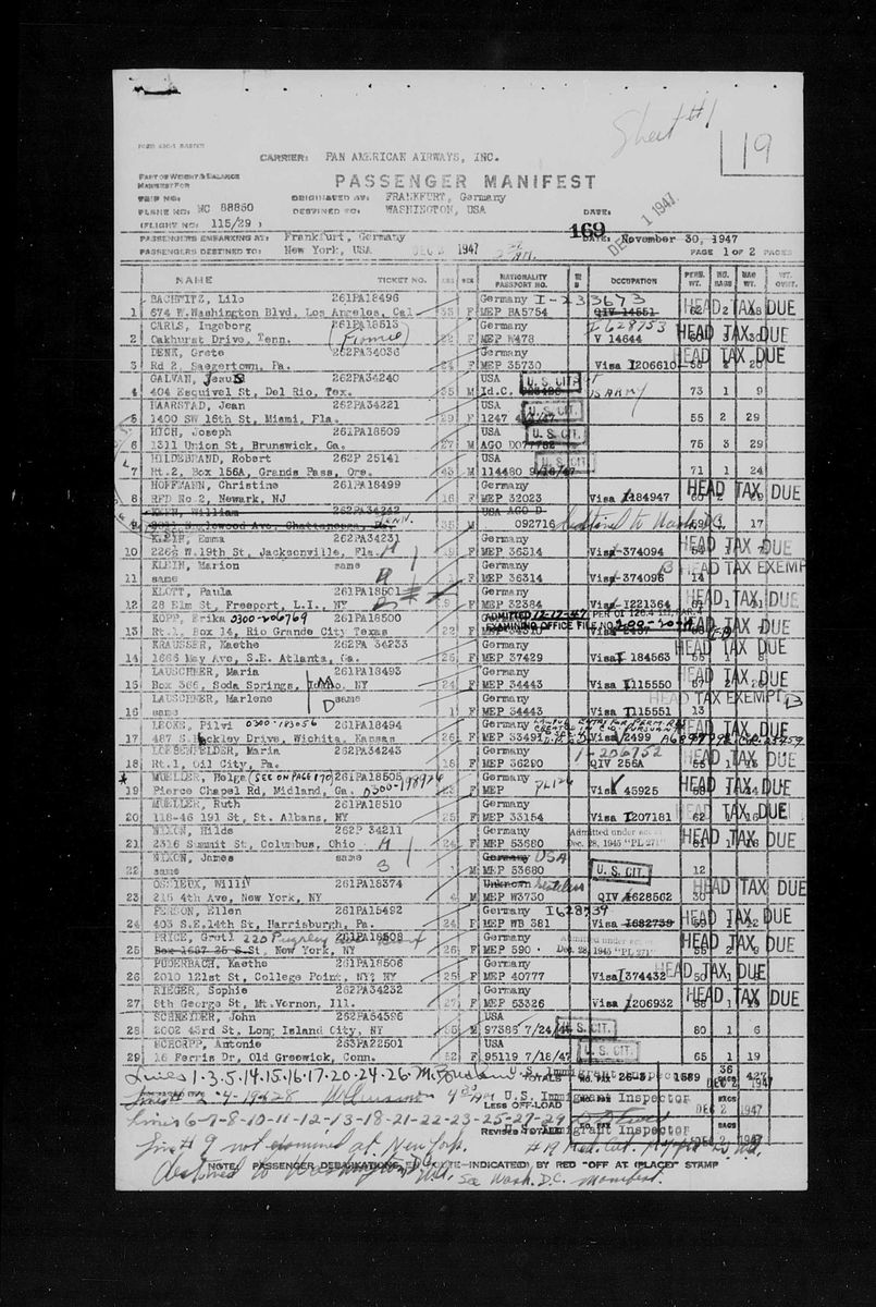 Scan of Pan Am passenger manifest, Frankfurt to New York, 30 November 1947