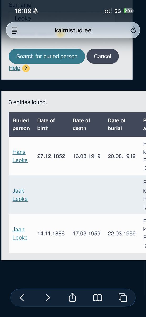 Viljandi Old Cemetery: Jaak Leoke grave record screenshot
