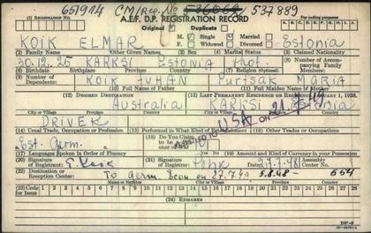 Elmar Koik: DP registration card 1948, front