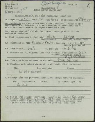 Elmar Koik: US Army DP questionnaire, Geislingen 1946, p1