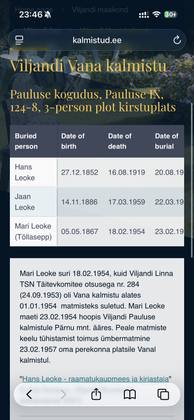 Viljandi Old Cemetery: grave record Hans, Mari, Jaan Leoke (kalmistud.ee)