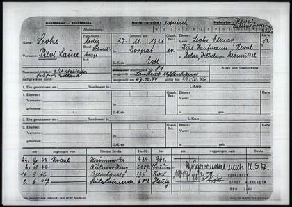 Pilvi Laine Leoke: Windsheim registration card (emigrated to USA)