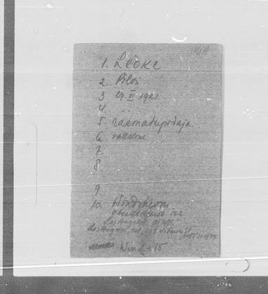Pilvi Leoke: b. 27.XI.1921, bookkeeper, single; Windsheim, Oberntiefer(?) Str. 562; Los Angeles, 138 Witmer St; "Wind L-15" (ERA.4942.4.8 img 1877)