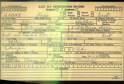 Hugo Leoke: DP registration card 1945 (born Tallinn 1929, father Johannes)