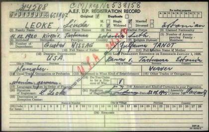 Linda Leoke: DP registration card, original