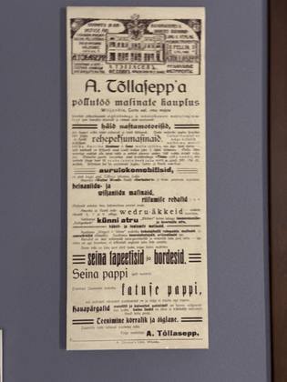 Advertisement for A. Tõllasepp’s shop at Tartu 9